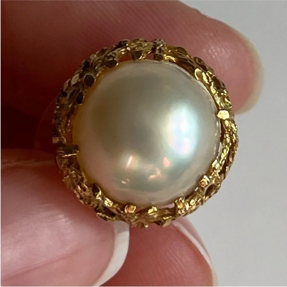 Stunning Vintage Estate 1980s 14k Gold Mobe Pearl Stud Earrings & Ring Set